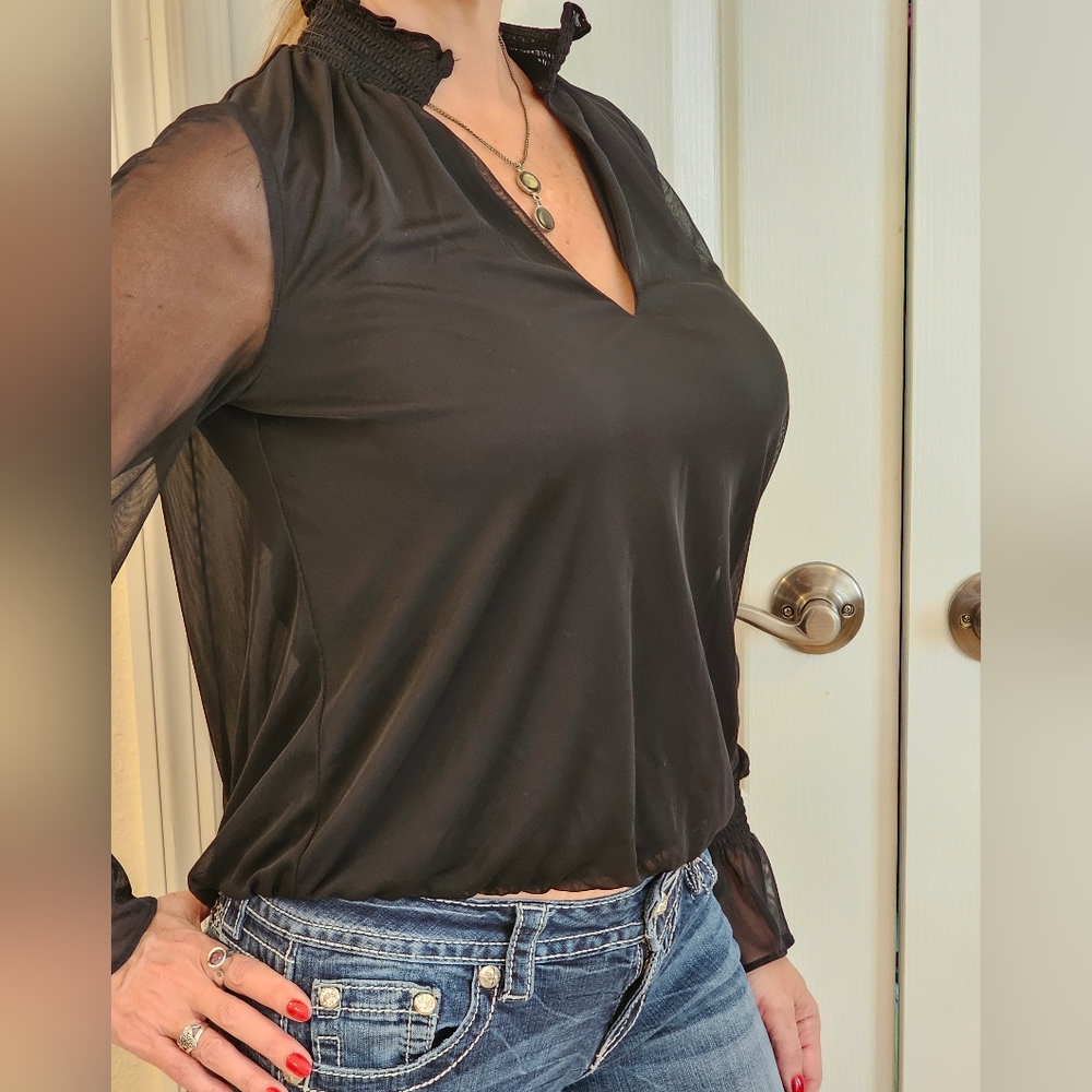 Express black V-neck sheer sleeves top, size small, petite